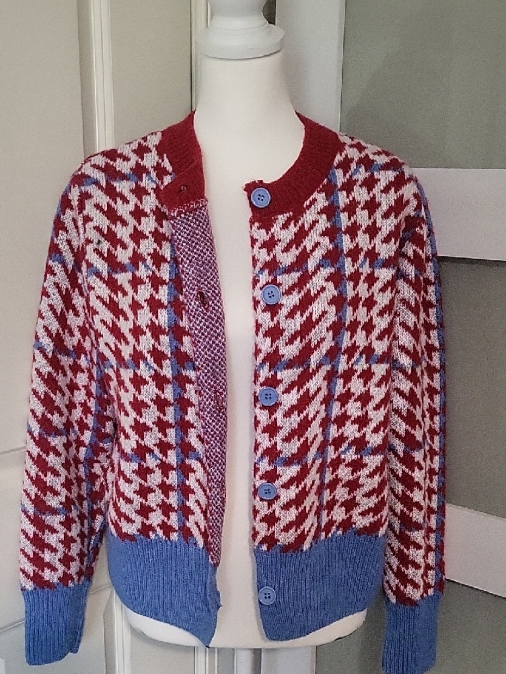 Women’s Was & Now Houndstooth Cardigan Sweater – Size Large | Red, White & Blue - Picture 8 of 10